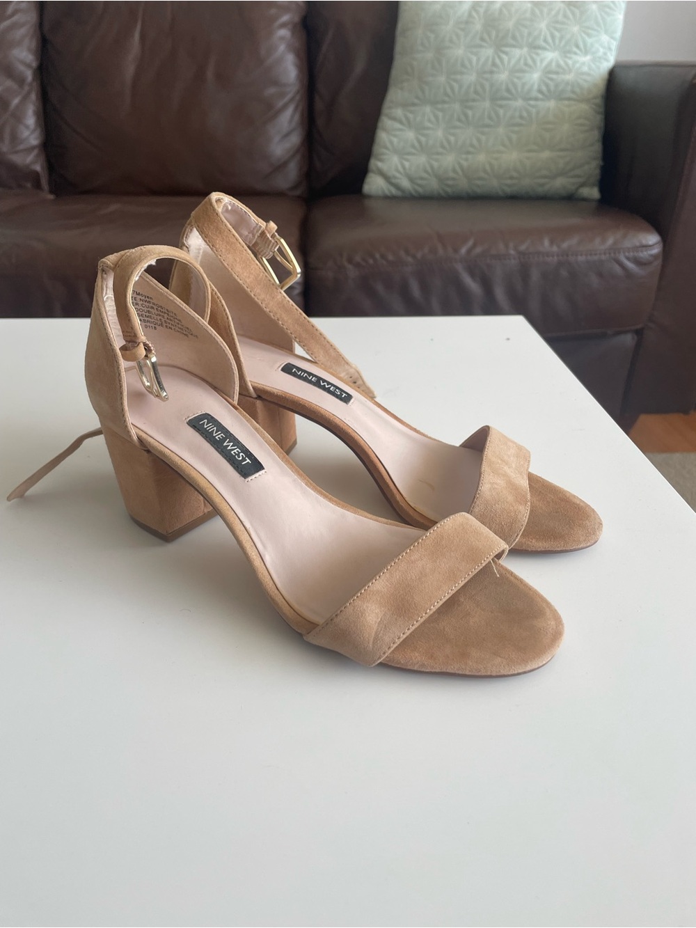 Nine West Tan Suede Block Heel Sandals with Ankle Strap